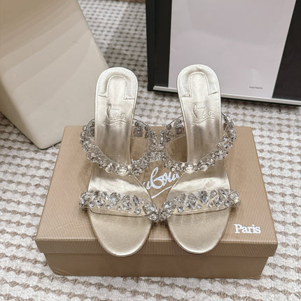 CHRISTIAN LOUBOUTIN 26S HEEL SANDALS 100 MM IN LIGHT METALLIC GOLD RHINESTONE-EMBELLISHED CALFSKIN AND PVC