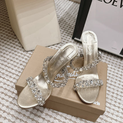 CHRISTIAN LOUBOUTIN 26S HEEL SANDALS 100 MM IN LIGHT METALLIC GOLD RHINESTONE-EMBELLISHED CALFSKIN AND PVC