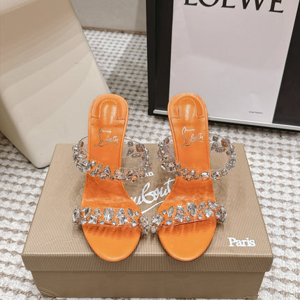 CHRISTIAN LOUBOUTIN 26S HEEL SANDALS 100 MM IN ORANGE RHINESTONE-EMBELLISHED CALFSKIN AND PVC
