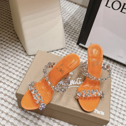 CHRISTIAN LOUBOUTIN 26S HEEL SANDALS 100 MM IN ORANGE RHINESTONE-EMBELLISHED CALFSKIN AND PVC