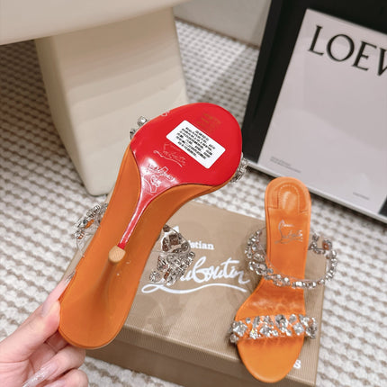 CHRISTIAN LOUBOUTIN 26S HEEL SANDALS 100 MM IN ORANGE RHINESTONE-EMBELLISHED CALFSKIN AND PVC