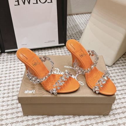 CHRISTIAN LOUBOUTIN 26S HEEL SANDALS 100 MM IN ORANGE RHINESTONE-EMBELLISHED CALFSKIN AND PVC