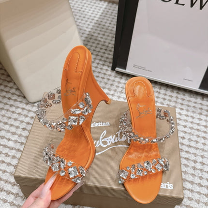 CHRISTIAN LOUBOUTIN 26S HEEL SANDALS 100 MM IN ORANGE RHINESTONE-EMBELLISHED CALFSKIN AND PVC