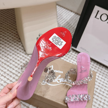 CHRISTIAN LOUBOUTIN 26S HEEL SANDALS 100 MM IN PINK RHINESTONE-EMBELLISHED CALFSKIN AND PVC