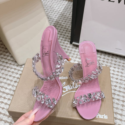 CHRISTIAN LOUBOUTIN 26S HEEL SANDALS 100 MM IN PINK RHINESTONE-EMBELLISHED CALFSKIN AND PVC