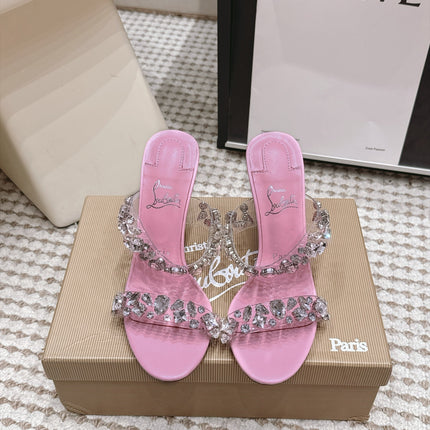 CHRISTIAN LOUBOUTIN 26S HEEL SANDALS 100 MM IN PINK RHINESTONE-EMBELLISHED CALFSKIN AND PVC