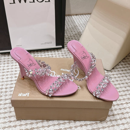 CHRISTIAN LOUBOUTIN 26S HEEL SANDALS 100 MM IN PINK RHINESTONE-EMBELLISHED CALFSKIN AND PVC