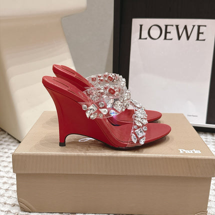 CHRISTIAN LOUBOUTIN 26S HEEL SANDALS 100 MM IN DARK RED RHINESTONE-EMBELLISHED CALFSKIN AND PVC