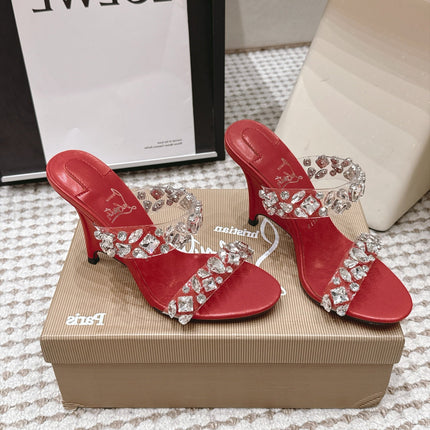 CHRISTIAN LOUBOUTIN 26S HEEL SANDALS 100 MM IN DARK RED RHINESTONE-EMBELLISHED CALFSKIN AND PVC