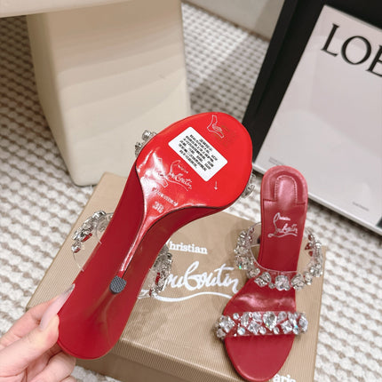 CHRISTIAN LOUBOUTIN 26S HEEL SANDALS 100 MM IN DARK RED RHINESTONE-EMBELLISHED CALFSKIN AND PVC