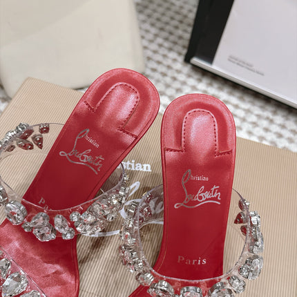 CHRISTIAN LOUBOUTIN 26S HEEL SANDALS 100 MM IN DARK RED RHINESTONE-EMBELLISHED CALFSKIN AND PVC