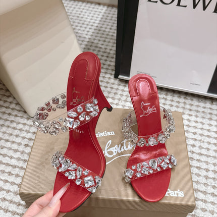 CHRISTIAN LOUBOUTIN 26S HEEL SANDALS 100 MM IN DARK RED RHINESTONE-EMBELLISHED CALFSKIN AND PVC