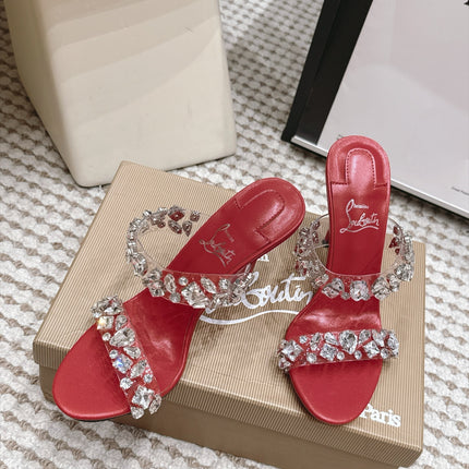 CHRISTIAN LOUBOUTIN 26S HEEL SANDALS 100 MM IN DARK RED RHINESTONE-EMBELLISHED CALFSKIN AND PVC