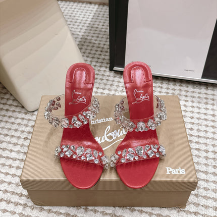CHRISTIAN LOUBOUTIN 26S HEEL SANDALS 100 MM IN DARK RED RHINESTONE-EMBELLISHED CALFSKIN AND PVC