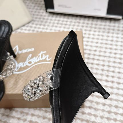CHRISTIAN LOUBOUTIN 26S HEEL SANDALS 100 MM IN BLACK RHINESTONE-EMBELLISHED CALFSKIN AND PVC