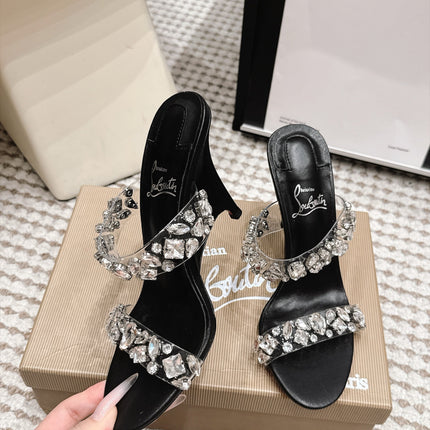 CHRISTIAN LOUBOUTIN 26S HEEL SANDALS 100 MM IN BLACK RHINESTONE-EMBELLISHED CALFSKIN AND PVC