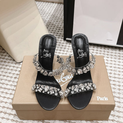 CHRISTIAN LOUBOUTIN 26S HEEL SANDALS 100 MM IN BLACK RHINESTONE-EMBELLISHED CALFSKIN AND PVC