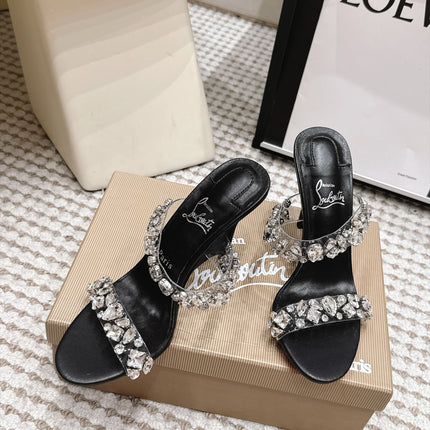 CHRISTIAN LOUBOUTIN 26S HEEL SANDALS 100 MM IN BLACK RHINESTONE-EMBELLISHED CALFSKIN AND PVC