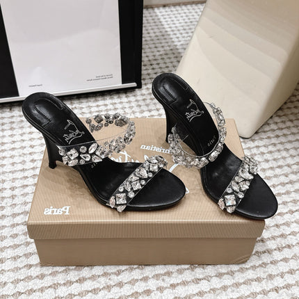 CHRISTIAN LOUBOUTIN 26S HEEL SANDALS 100 MM IN BLACK RHINESTONE-EMBELLISHED CALFSKIN AND PVC