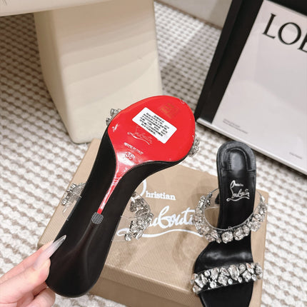 CHRISTIAN LOUBOUTIN 26S HEEL SANDALS 100 MM IN BLACK RHINESTONE-EMBELLISHED CALFSKIN AND PVC