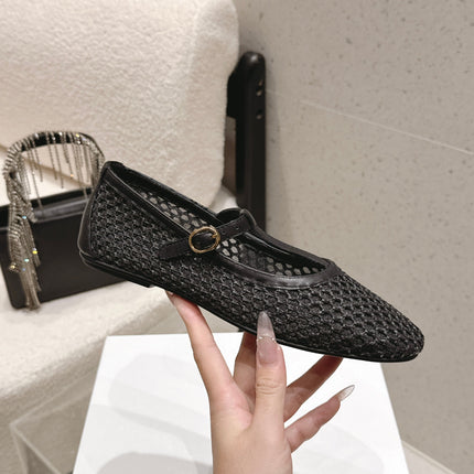 THE ROW 26S MARY JANE FLATS IN BLACK CALFSKIN AND MESH