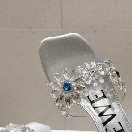 LOEWE 26S MULE HEELS 45MM IN SILVER PVC WITH CRYSTAL FLORAL