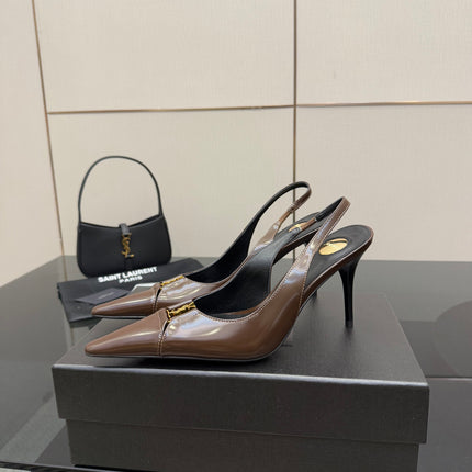 YSL 25S SLINGBACK HIGH HEELS 90 MM IN CHOCOLATE BROWN LAMBSKIN WITH GOLD HARDWARE STYLE 7