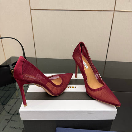 AQUAZZURA 26S OPTIC PUMPS 100 MM IN DARK RED PLEATED MESH & SATIN
