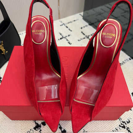 VALENTINO 26S POINTED-TOE SLINGBACKS IN DARK RED SUEDE