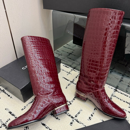 CHANEL 26S TALL BOOTS IN BURGUNDY CALFSKIN CROCODILE EMBOSSED