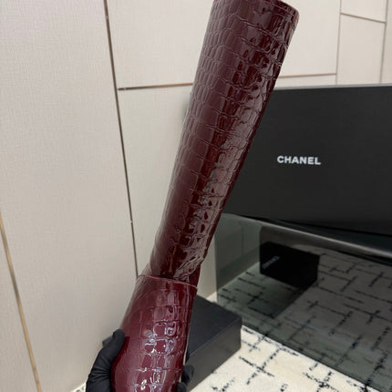 CHANEL 26S TALL BOOTS IN BURGUNDY CALFSKIN CROCODILE EMBOSSED