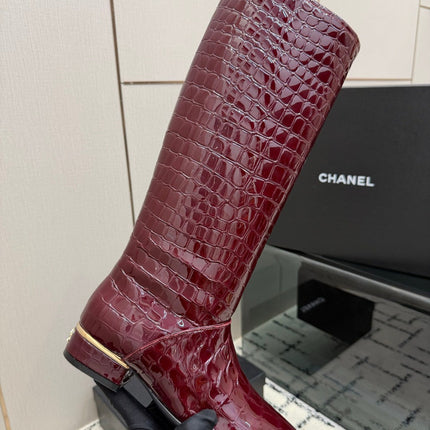 CHANEL 26S TALL BOOTS IN BURGUNDY CALFSKIN CROCODILE EMBOSSED