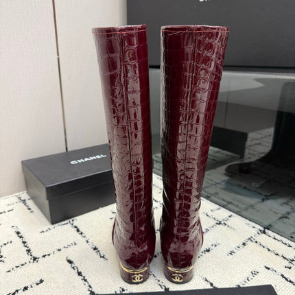 CHANEL 26S TALL BOOTS IN BURGUNDY CALFSKIN CROCODILE EMBOSSED