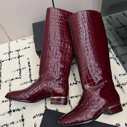 CHANEL 26S TALL BOOTS IN BURGUNDY CALFSKIN CROCODILE EMBOSSED
