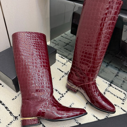 CHANEL 26S TALL BOOTS IN BURGUNDY CALFSKIN CROCODILE EMBOSSED