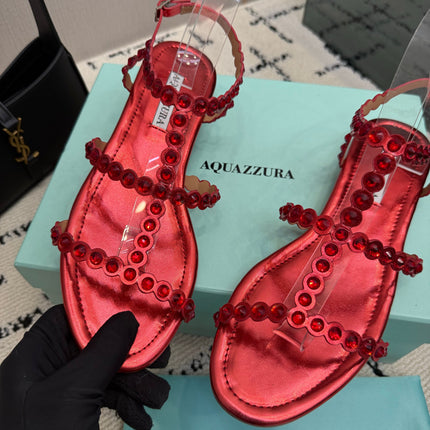 AQUAZZURA 26S FLAT SANDALS IN METALLIC RED LAMBSKIN CRYSTAL-EMBELLISHED