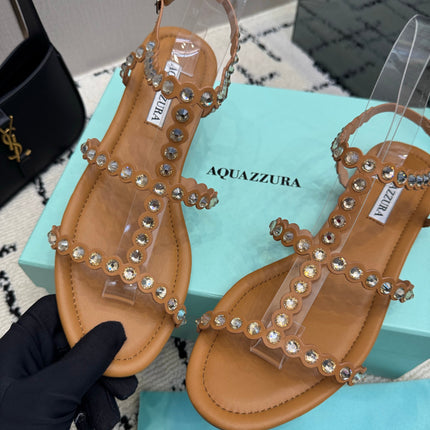 AQUAZZURA 26S FLAT SANDALS IN BROWN LAMBSKIN CRYSTAL-EMBELLISHED