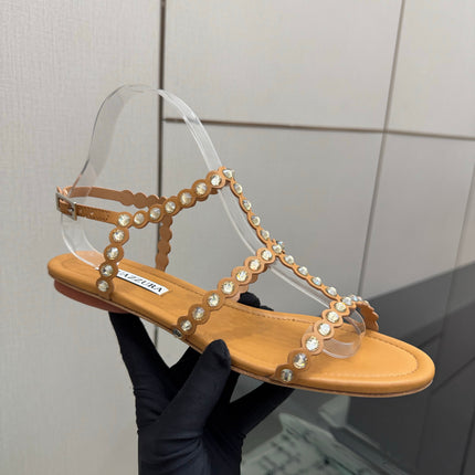 AQUAZZURA 26S FLAT SANDALS IN BROWN LAMBSKIN CRYSTAL-EMBELLISHED