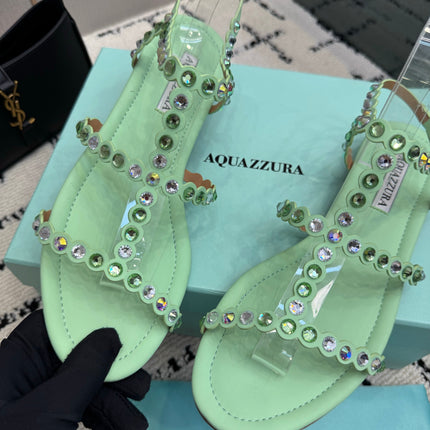 AQUAZZURA 26S FLAT SANDALS IN MINT GREEN LAMBSKIN CRYSTAL-EMBELLISHED