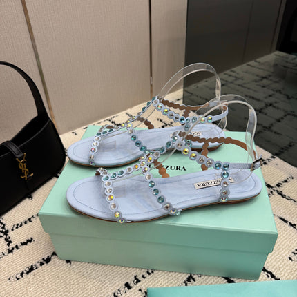 AQUAZZURA 26S FLAT SANDALS IN PASTEL BLUE LAMBSKIN CRYSTAL-EMBELLISHED