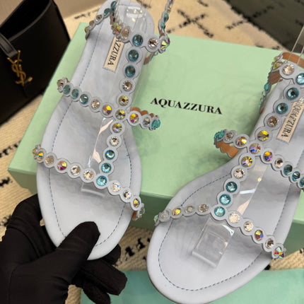 AQUAZZURA 26S FLAT SANDALS IN PASTEL BLUE LAMBSKIN CRYSTAL-EMBELLISHED
