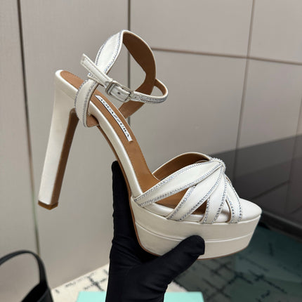 AQUAZZURA 26S HEEL SANDALS 135 MM IN CREAM WHITE SATIN RHINESTONE