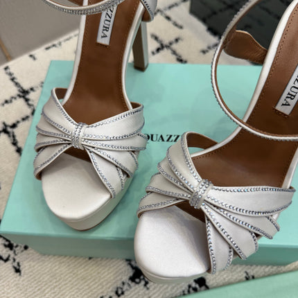 AQUAZZURA 26S HEEL SANDALS 135 MM IN CREAM WHITE SATIN RHINESTONE