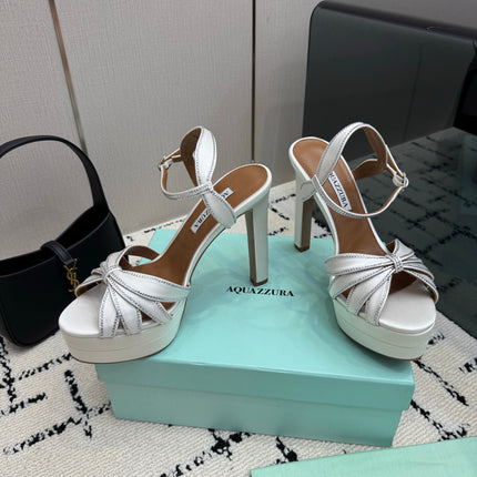 AQUAZZURA 26S HEEL SANDALS 135 MM IN CREAM WHITE SATIN RHINESTONE