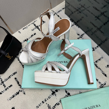 AQUAZZURA 26S HEEL SANDALS 135 MM IN CREAM WHITE SATIN RHINESTONE