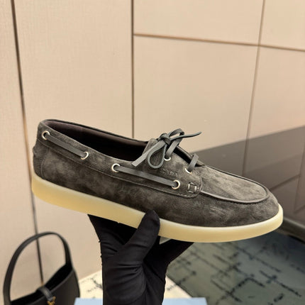 PRADA 26S LOAFERS IN SLATE GREY SUEDE WITH RUBBER SOLE
