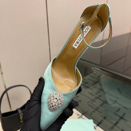AQUAZZURA 26S POINTED-TOE PUMPS 105 MM IN MINT GREEN SATIN