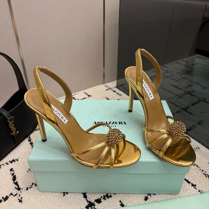 AQUAZZURA 26S STRAPPY HEELS 105 MM IN GOLD CALFSKIN