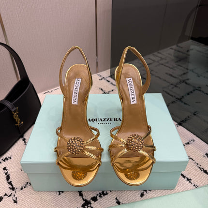 AQUAZZURA 26S STRAPPY HEELS 105 MM IN GOLD CALFSKIN