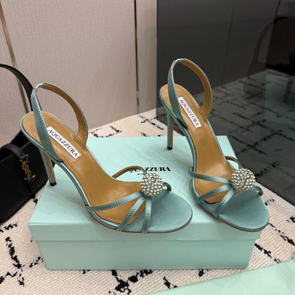 AQUAZZURA 26S STRAPPY HEELS 105 MM IN MINT GREEN SATIN